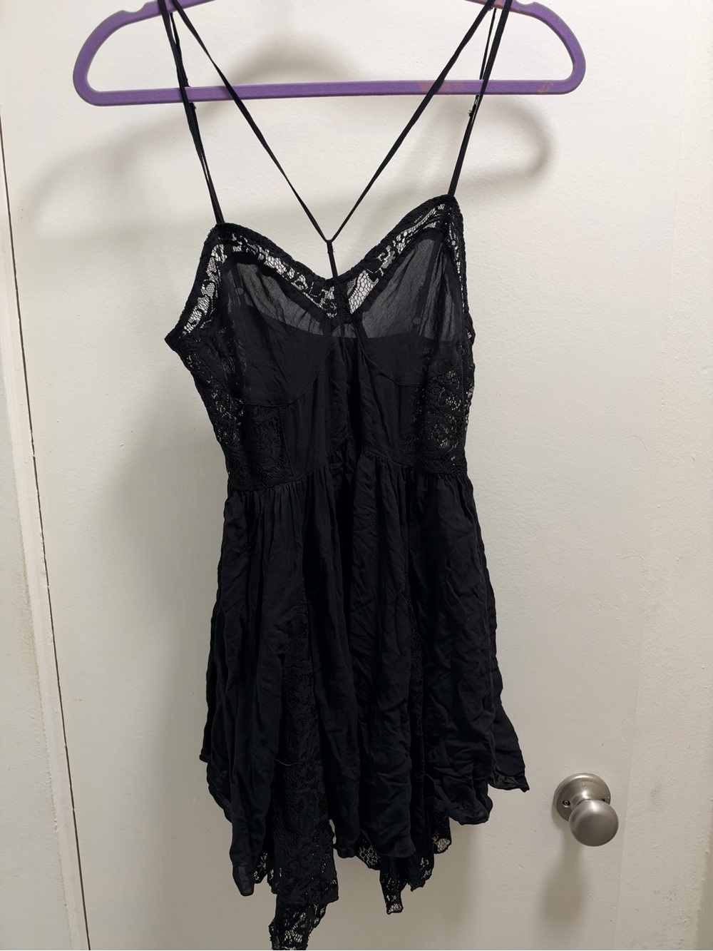 Free People Black Lace-Trim Slip Dress with Spaghetti Straps